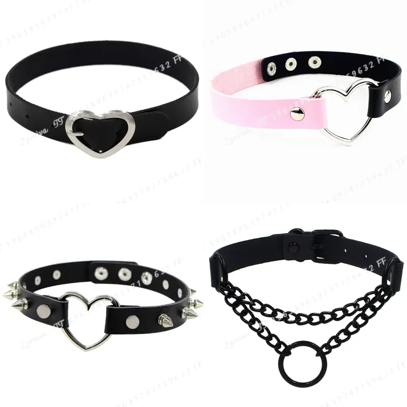 Goth Punk Spike Choker - 原宿パンクロックゴシックチョーカーネックレス レディース セクシー PUレザー ハートロックキー スパイクカラー