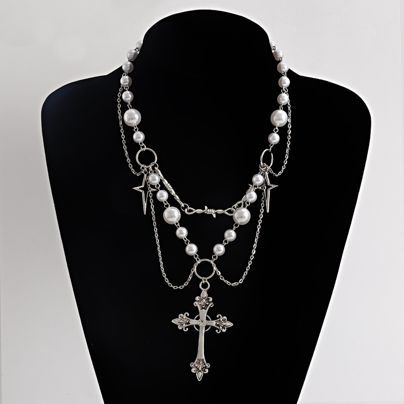 Pearl Choker Necklace Vintage - パンククロスペンダントネックレスゴシッククロス層状チェーン模造真珠ビーズチョーカーヴィンテージセーターチェーンジュエリーギフト