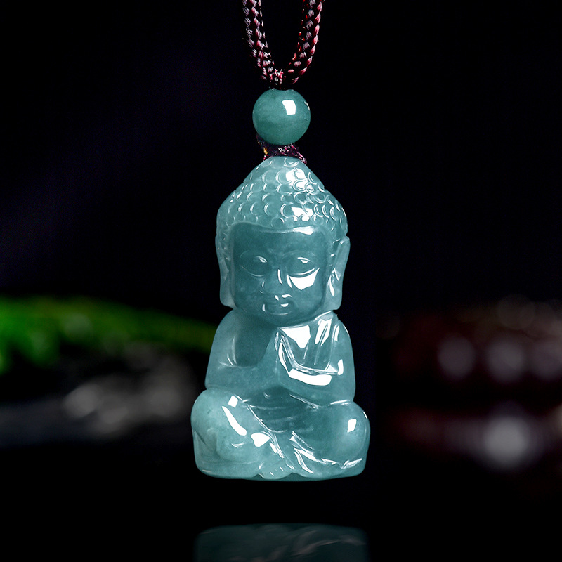 Necklaces - 天然本物のエメラルド翡翠ブルーウォーターベビーブッダペンダントネックレス彫刻翡翠ジュエリーお守りギフト女性男性向け証明書付き