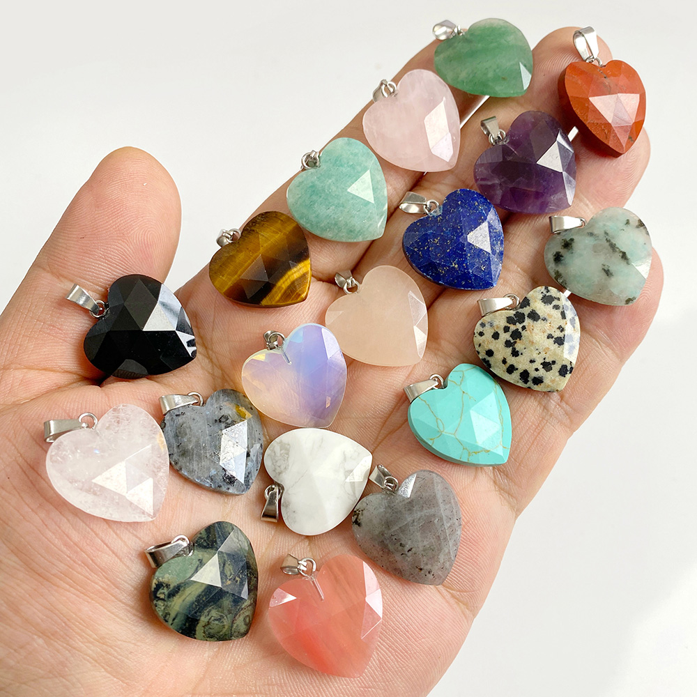 Crystal Pendant Necklace Natural Stone - 1PC 20 ミリメートルファセットハートペンダント天然石ローズクォーツクリスタルターコイズタイガーアイアベンチュリンジュエリーメイキングネックレス DIY