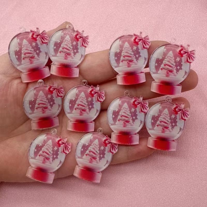 Earrings - 10個入り人気のヨーロッパとアメリカのアクリル製クリスマススノーボールケーキツリーイヤリング、ピンクのリボン付きクリスマスファッションアクセサリー