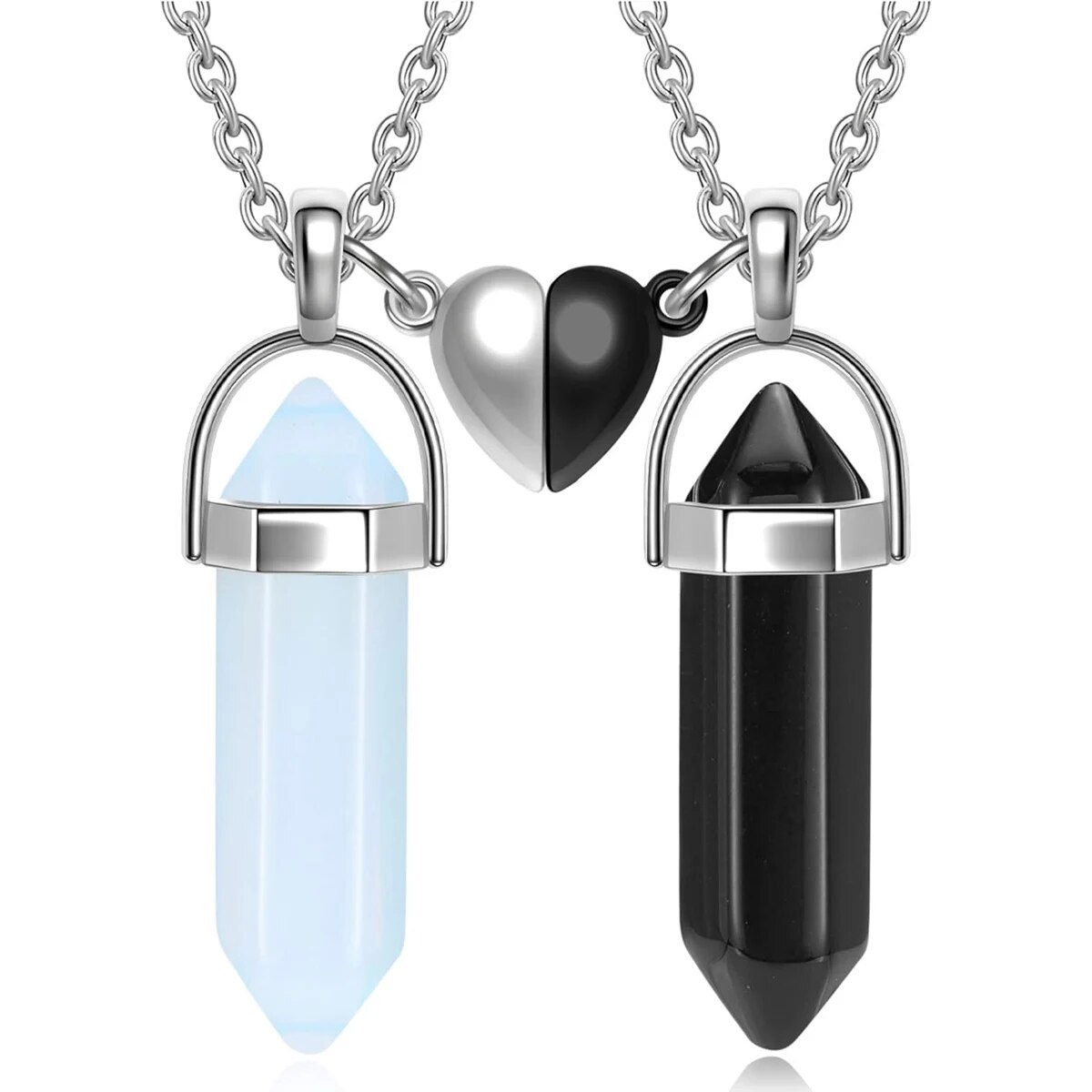 Magnetic Couple Matching Necklaces - クリスタル友情マッチングカップルネックレス、ハートチャーム付き、女性男性用、繊細なローズクォーツ、親友BFFネックレス
