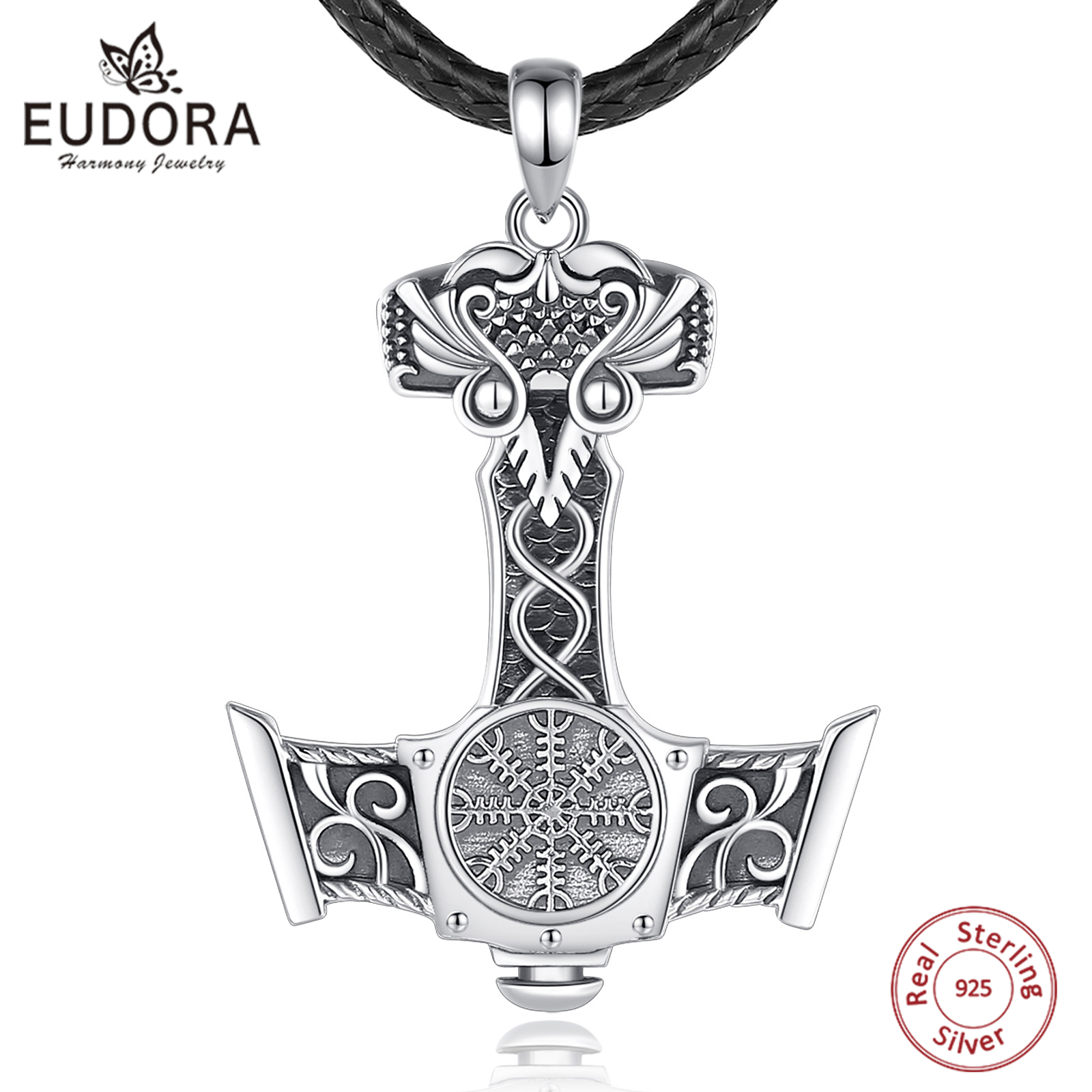 925 Sterling Silver Chain Necklace Men - Eudora 925 スターリングシルバー北欧バイキングトールのハンマーネックレスヴィンテージコンパスミョルニアお守りペンダントシルバージュエリーマンギフト