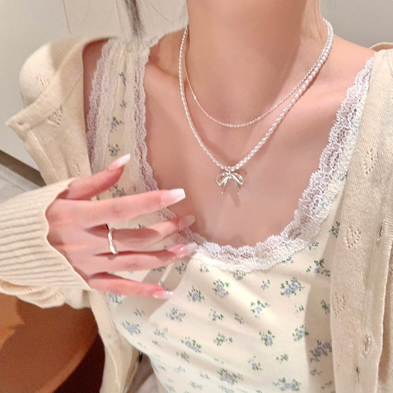 Pearl Choker Necklace Vintage - ファッションヴィンテージちょう結びペンダントパールビーズ二層チェーンチョーカーネックレス女性のためのチャーム美的ジュエリーアクセサリー