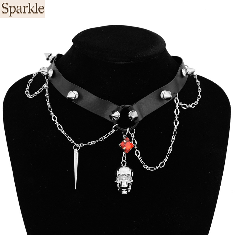 Goth Punk Spike Choker - ダークスカルレザーチョーカー、Y2Kヘビーデューティーパンクネックレスサブカルチャースイート鎖骨チェーンスパイクゴスストリートスタイルネックジュエリー