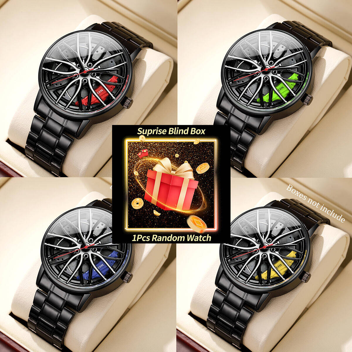 Watch Accessories - 1PC サプライズミステリーウォッチブラインドボックス-ファッションメンズスポーツウォッチ 3D 車のホイールステンレススチールバンド腕時計（箱なし）