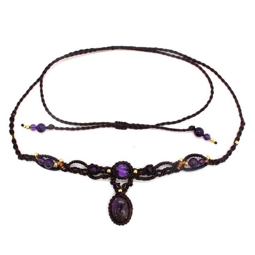 Crystal Pendant Necklace Natural Stone - クリスタル編組マクラメストーンペンダントネックレス女性のための天然アメジストクォーツ手作り糸ロープラップ織りチェーン Collay