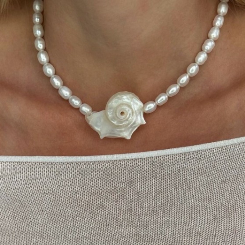 Pearl Choker Necklace Vintage - ヴィンテージボヘミアン天然コンクシェルペンダントネックレス女性ガール模造パールビーズチョーカービーチホリデージュエリーギフト