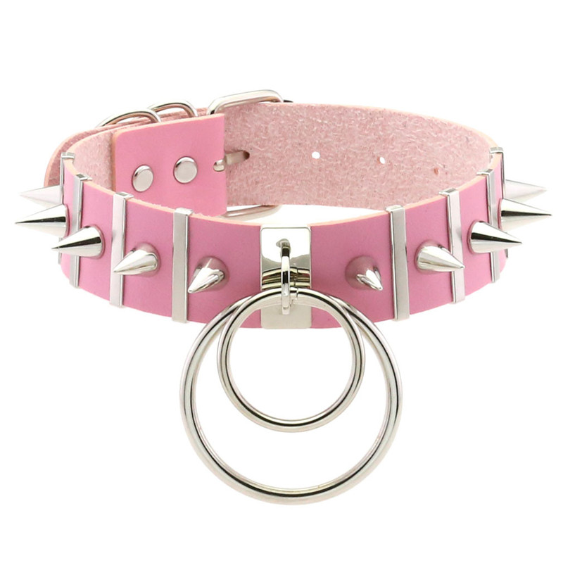 Goth Punk Spike Choker - ピンクのボンデージネックレス,パイク,ラウンドネック,パンク,ハート,合成皮革,ベルト,コスプレ,クラブ,パーティー,フェスティバル,ジュエリー