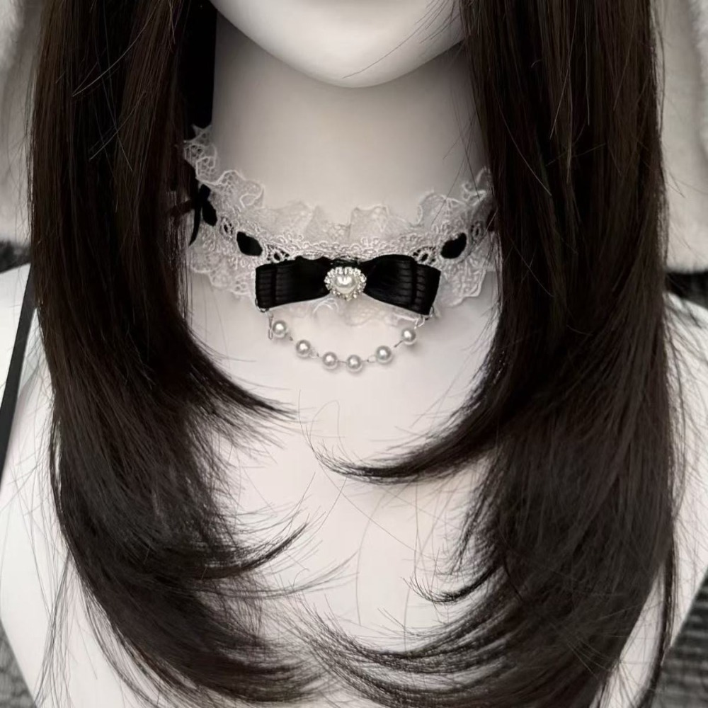 レースリボンフリルファッションチョーカーネックレス女性用ロリ - Pearl Choker Necklace Vintage のレビューと価格