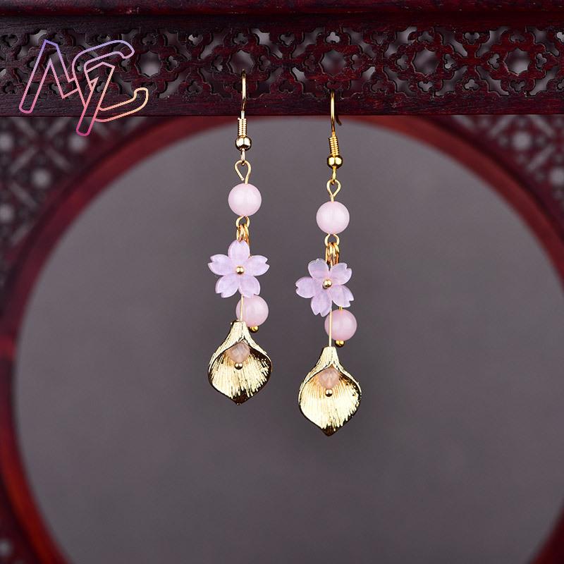 ピンク天然翡翠の花のイヤリングヴィンテージギフト女性のための - Earrings のレビューと価格