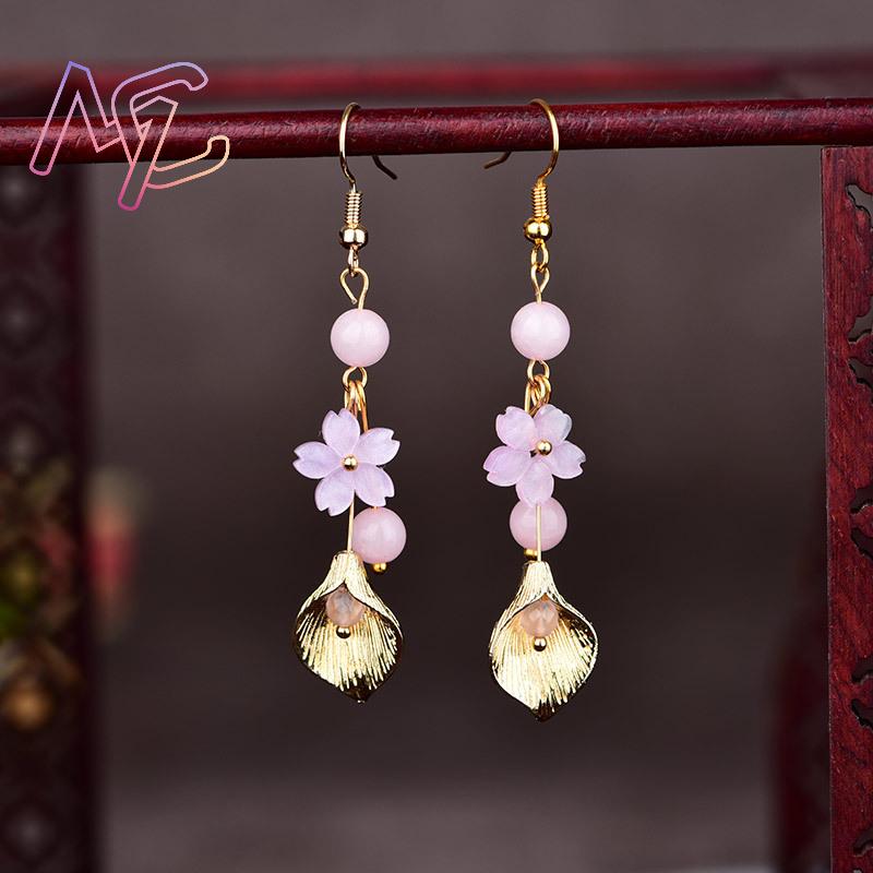 ピンク天然翡翠の花のイヤリングヴィンテージギフト女性のための - Earrings のレビューと価格