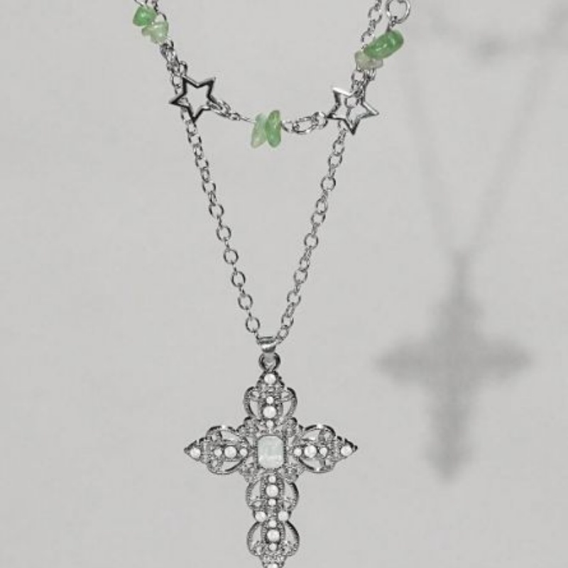 2ピースY2K二層ネックレスセット、中空スターグリーンレトロ - Layered Pendant Necklace Aesthetic のレビューと価格