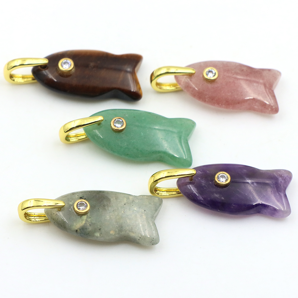26mm 魚型天然石ペンダント ジルコンクリスタルチャーム付 - Crystal Pendant Necklace Natural Stone のレビューと価格